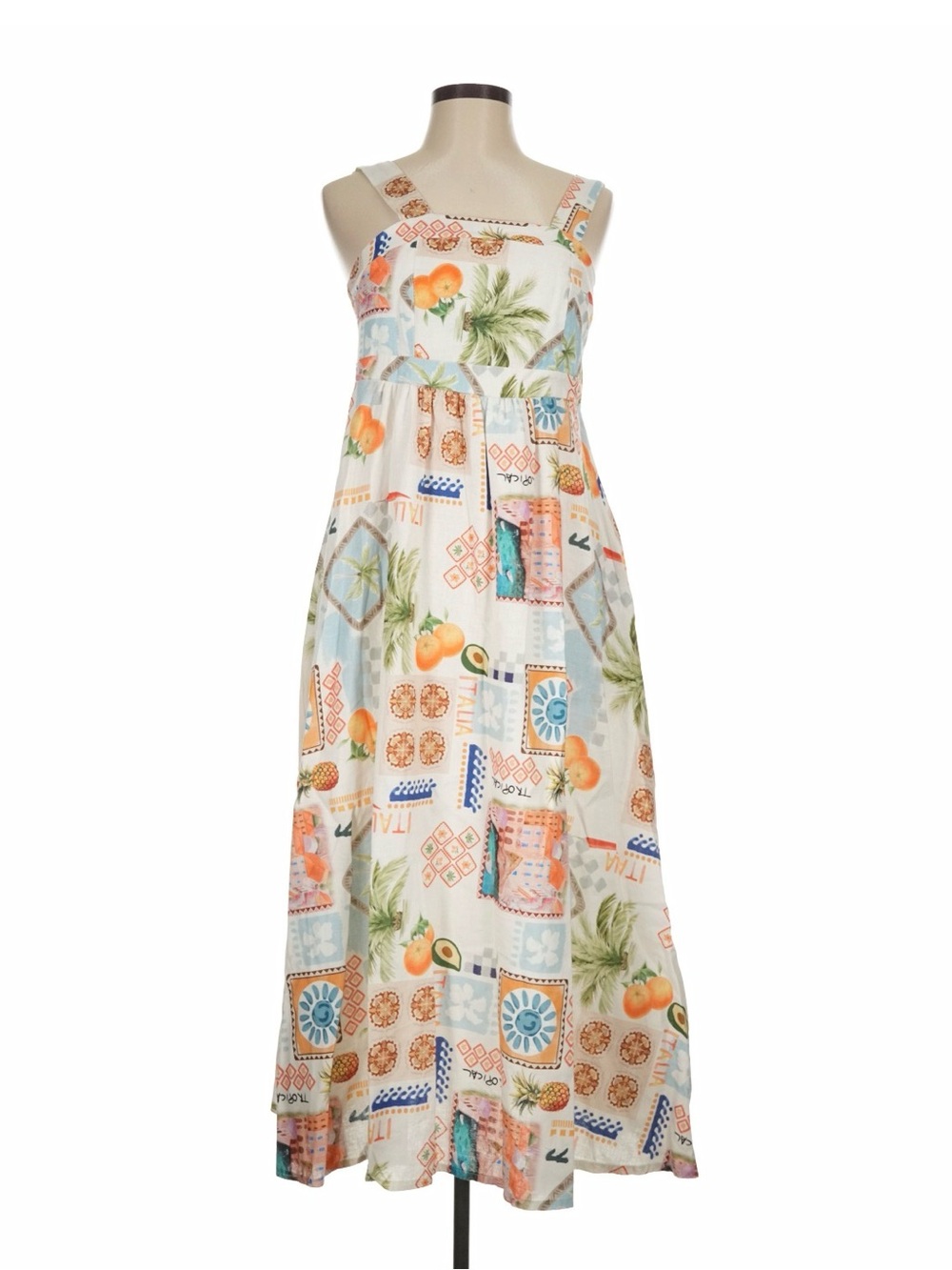 Sleeveless White Italian Tropical Print Midi Dress